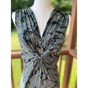 Dunia Medium Blue Olive Abstract Print Knot Front Sleeveless Stretch Midi Dress